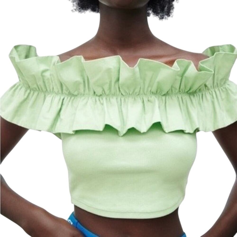 NWT Zara Green Ruffle Off the Shoulder Crop Top Size Medium